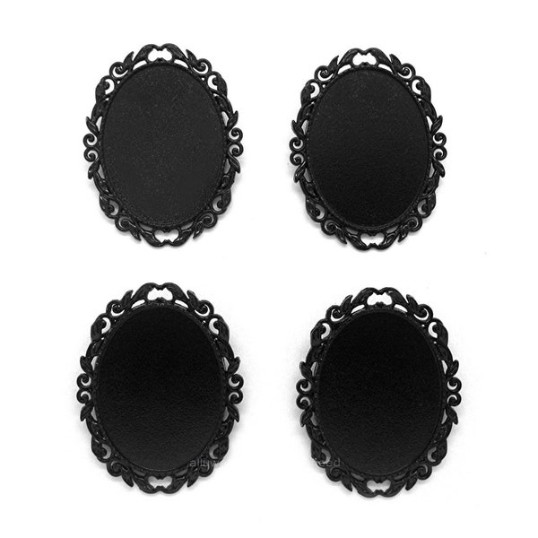 4 Solid BLACK Metallic Leaf & Scroll Style Brooch 40mm x 30mm CAMEO Frames Settings Pin Brooch Mountings for Making Costume Jewelry Crafts