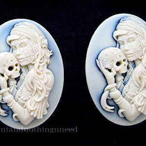 2 Gothic Zombie AURA Lady holding Human Skull Ivory Frost Color on Black Witch Wiccan Emo Halloween Goth 40mm x 30mm CAMEOS Costume Jewelry