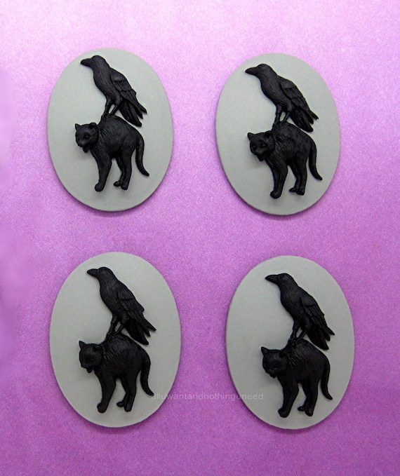 6 BLACK BIRD GOTH CROW RAVEN on BLACK 25mm x 18mm Costume Jewelry CAMEOS EMO