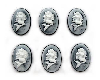 6 White on Black Vertical Mermaid Holding a Seashell 30mm x 20mm Cameos Cameo Sea Nymph Siren MERMAIDS Costume Jewelry Crafts