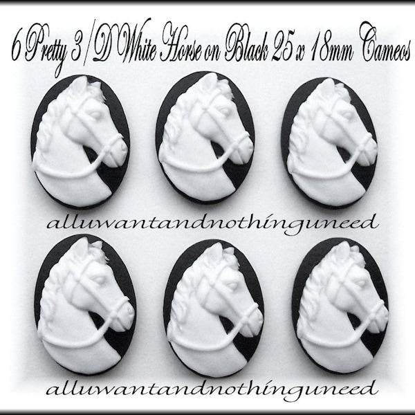 6 New White on Black 25mm x 18mm HORSE Horses Head Equine Colt Costume Jewelry Cameos Lot for Making Costume Jewelry