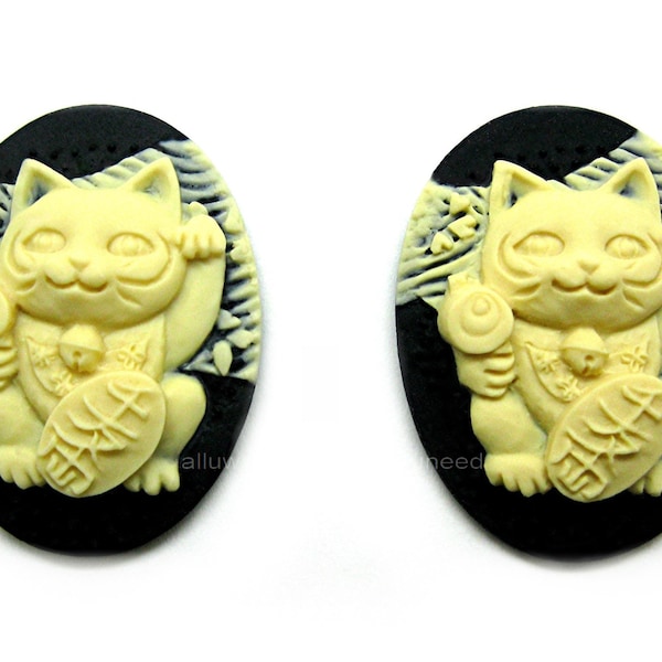 2 Japanese Maneki Neko Lucky Cat Cats Kitty Cat Feline Ivory Color on Black Background 40mm x 30mm Resin CAMEOS LOT Costume Jewelry