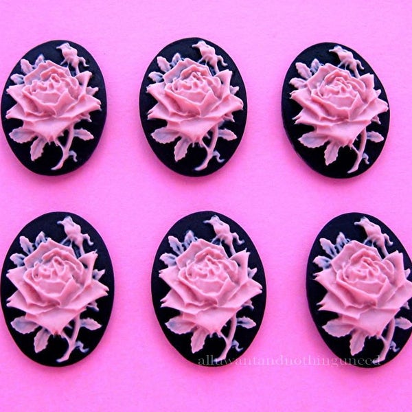 6 Roses Floral Rose Flower Light Pretty Bright Pink Color on Black 18mm x 13mm Resin CAMEOS LOT for Making Costume Jewelry