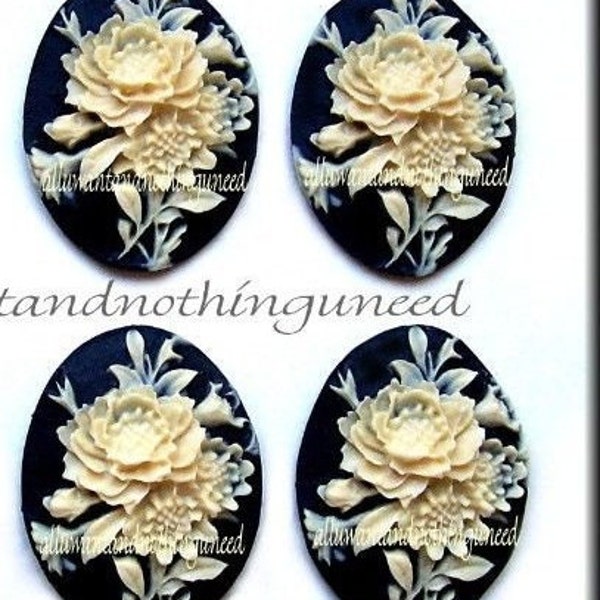 4 Roses Original Floral Bouquet Rose Flower Ivory Color on Black 40mm x 30mm Resin CAMEOS LOT for Making Costume Jewelry