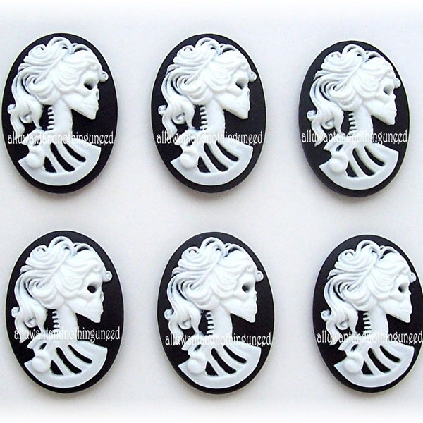 6 Unset Goth Punk Halloween WHITE Lady She Skull Lolita Cameo on Black 25mm x 18mm Goth Emo Skeleton Day of Dead Cabochons Costume Jewelry