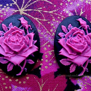 2 Roses Floral Rose Flower Raspberry Sherbet Dark Plum Dusty Rose Color on Black 40mm x 30mm Resin CAMEOS LOT for Making Costume Jewelry