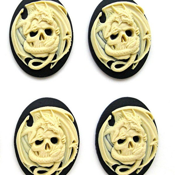 4 Goth Punk Zombie Dead Goth Punk Halloween Emo SKULL & Winged DRAGON Gargoyle Ivory Color on Black 40mm x 30mm Resin Cameos Costume Jewelry