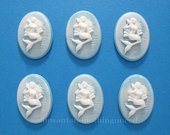 6 White on Baby Blue Color Vertical Mermaid with Seashell Cameos 25mm x 18mm Cameo Sea Nymph Siren MERMAIDS to make Costume Jewelry & Crafts