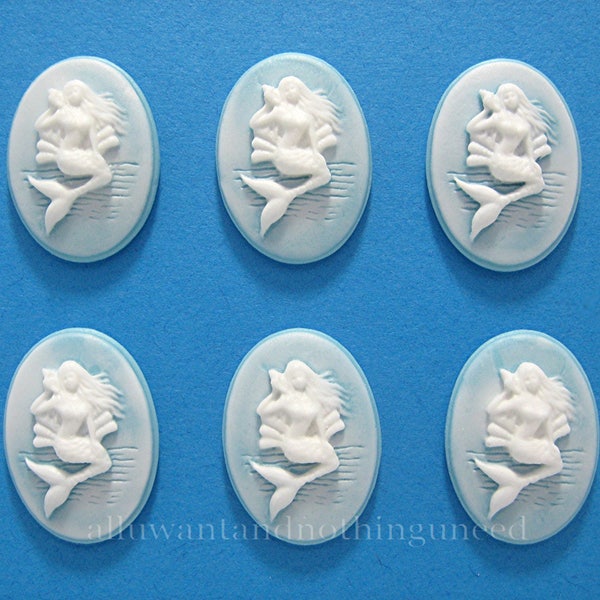 6 White on Baby Blue Color Vertical Mermaid with Seashell Cameos 25mm x 18mm Cameo Sea Nymph Siren MERMAIDS to make Costume Jewelry & Crafts