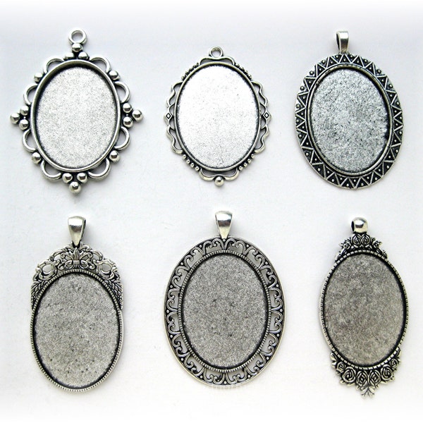 6 ANTIQUED Silvertone 40mm x 30mm CAMEO Mixed Lot of Settings Frames Pendant Pendants 40mm x 30mm for Making Costume Jewelry or Crafts Lot B