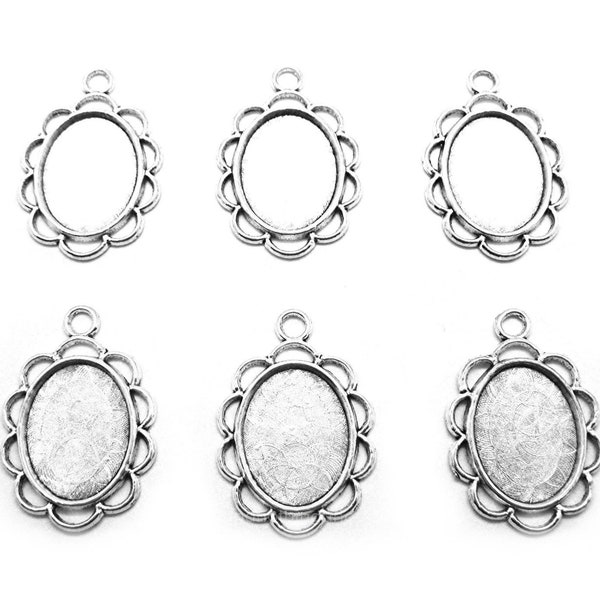6 ANTIQUED Silvertone 18mm x 13mm Cameo TAMMY Style Settings Frames Pendant Pendants for Making Earrings Etc.. Costume Jewelry or Crafts