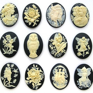 12 Assorted Styles Ivory color on Black 40mm x 30mm Resin CAMEOS LOT B for Making Costume Jewelry image 1