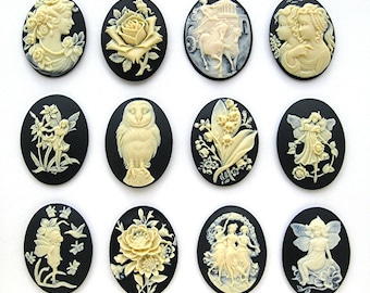 12 Assorted Styles Ivory color on Black 40mm x 30mm Resin  CAMEOS LOT B for Making Costume Jewelry