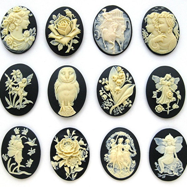12 Assorted Styles Ivory color on Black 40mm x 30mm Resin  CAMEOS LOT B for Making Costume Jewelry