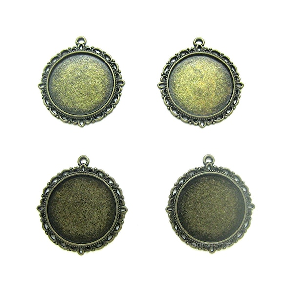 4 Antiqued BRONZETONE BRASSTONE Lightweight Round 25mm VERSAILLES style Pendant Pendants for Costume Jewelry or Rosaries Necklaces