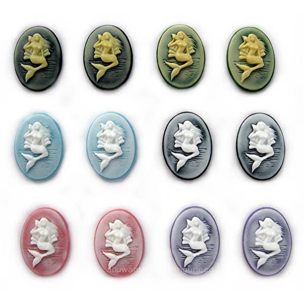 12 MULTI COLOR (6 Colors) 25mm x 18mm Vertical Mermaid holding Seashell Cameo Lot Cameos Sea Nymph Siren MERMAIDS for Costume Jewelry Crafts