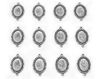 12 Antq Silvertone Gothic Melanie Style 18mm x 13mm Double Loop CAMEO Settings Frames Pendant Pendants Connectors for making Costume Jewelry