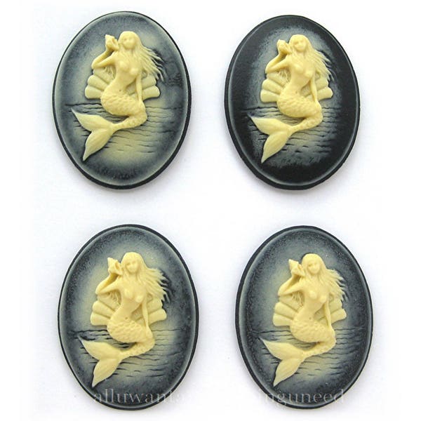 4 Ivory color on Black Vertical Mermaid Holding Seashell Cameos 40mm x 30mm Cameo Sea Nymph Siren MERMAIDS to make Costume Jewelry or Crafts