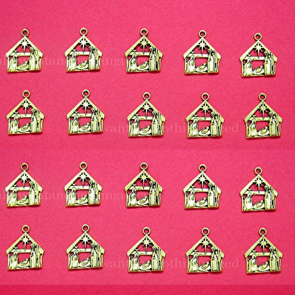 28 (14 pairs) SMALL Nativity Manger Christmas Pendants 19mm x 15mm x 5mm Goldtone Gold Tone Costume Jewelry pendants for Earrings Necklaces