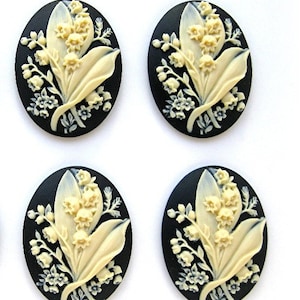 4 Lily of the Valley Bouquet Floral Flower May Ivory Color on Black 40mm x 30mm Resin CAMEOS LOT for Making Costume Jewelry