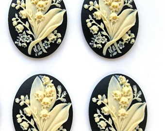 4 Lily of the Valley Bouquet Floral Flower May Ivory Color on Black 40mm x 30mm Resin CAMEOS LOT for Making Costume Jewelry