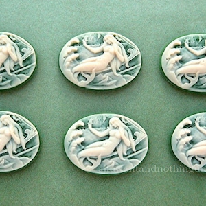 6 Ivory color on Green 25mm x 18mm HZ MERMAID Mermaids Siren Sea Nymph Mythological Horizontal CAMEOS for making Costume Jewelry Crafts