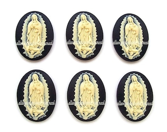6 Christian Religious Our Lady Of Guadalupe Virgin Mary Holy Mother Jesus Ivory Color on Black 25mm x 18mm Resin Costume Jewelry Cameos LOT