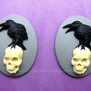 2 Gothic Blackbird and Human Skull on Gray Cameo Crow Raven Witch Wiccan Steampunk Goth Emo 40mm x 30mm Resin CAMEOS LOT Costume Jewelry