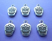 6 (3 Pairs) 17mm x 10mm ANTIQUED Silvertone Small SUGAR SKULL Pendants for Making Halloween Emo Costume Jewelry Crafts Earrings or Necklaces