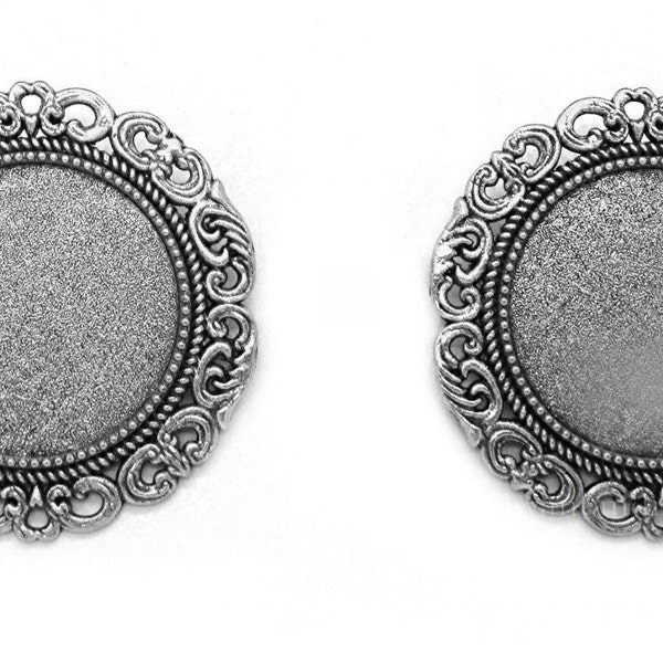 2 New Antiqued SILVERTONE Silver Tone FLORA Style Brooch 25mm ROUND Cameo Frames Settings Pin Mountings for Making Costume Jewelry Crafts