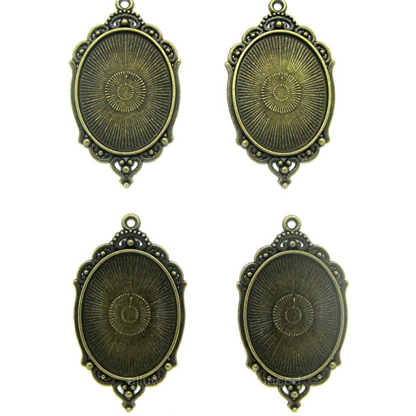 4 ANTIQUED Bronze Brass Tone 40mm x 30mm CAMEO Princess Settings Frames Pendant Pendants for making Costume Jewelry or Crafts