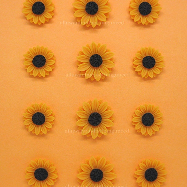 12 Medium SUNFLOWERS 24mm x 7mm Resin Flatbacks Floral Fall FLOWER CAMEOS Crafts Lot for Making Costume Jewelry Brooches Pins or Earrings