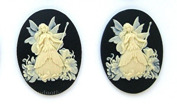 2 Fairy and Morning Glories Glory Flowers Ivory Color on Black 40mm x 30mm Resin CAMEOS LOT for Making Costume Jewelry or Crafts