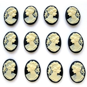 12 (6 Pair) Right & Left Facing Ivory Color on Black 18mm x 13mm Classic PONYTAIL LADY Profile CAMEOS Lot Cabochons Cameo Costume Jewelry