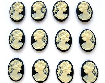 12 (6 Pair) Right & Left Facing Ivory Color on Black 18mm x 13mm Classic PONYTAIL LADY Profile CAMEOS Lot Cabochons Cameo Costume Jewelry
