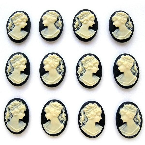 12 (6 Pair) Right & Left Facing Ivory Color on Black 18mm x 13mm Classic PONYTAIL LADY Profile CAMEOS Lot Cabachons Cameo Costume Jewelry