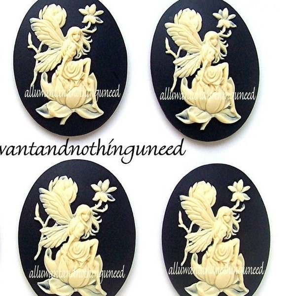4 Fairy and Magnolia Ivory Color on Black 40mm x 30mm Resin CAMEOS LOT for Making Costume Jewelry