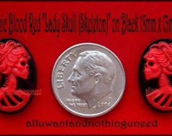 6 (3 Pairs) Goth Punk Halloween Red on Black LEFT & Right Facing LADY SKULL  18mm x 13mm Cameos Skeleton Day of Dead Lolita Craft Supply