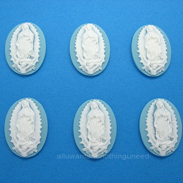 6 White on Baby Blue Christian Religious Our Lady Of Guadalupe Virgin Mary Holy Mother of Jesus 25mm x 18mm Resin Costume Jewelry Cameos LOT