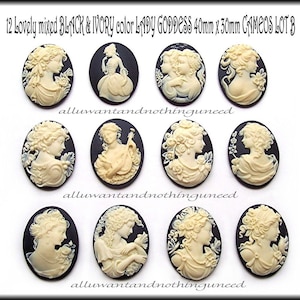 12 Ivory color on Black Background 40mm x 30mm Resin GODDESS CAMEOS LOT B Asst. Ladies Flatback Cameo Lot to make Costume Jewelry or Crafts