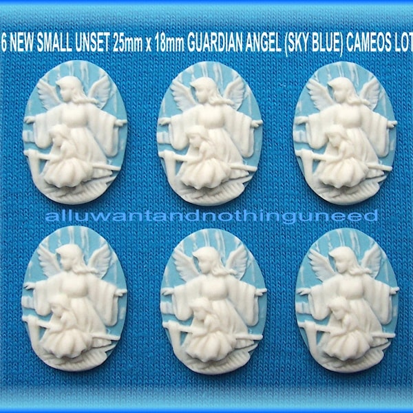 6 Christian Religious GUARDIAN ANGEL with Child at Bridge Cameos 25mm x 18mm White on Bright Baby Blue Cameo Lot for Making Costume Jewelry