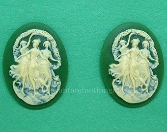 6 Ivory Color on GREEN Three Mythological Dancing Graces Muses Goddess Ladies Style A 25mm x 18mm Resin CAMEOS LOT to Make Costume Jewelry