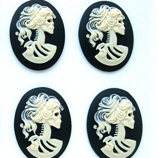 4 Goth Punk Halloween Lolita Ivory color LADY SHE SKULL on Black 40mm x 30mm Cameos Goth Emo Skeleton Halloween Cabochons Costume Jewelry