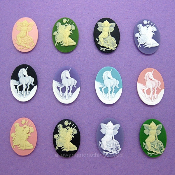 12 New Assorted/Mixed Colors Fairy and Unicorn Unset 25mm x 18mm Costume Jewelry Cameos Lot for Making Costume Jewelry