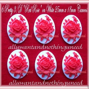 6 Unset Gorgeous True Bright Red Roses on White 25mm x18mm Cameos Floral Flower Rose Cabachons Cameo for Making Costume Jewelry
