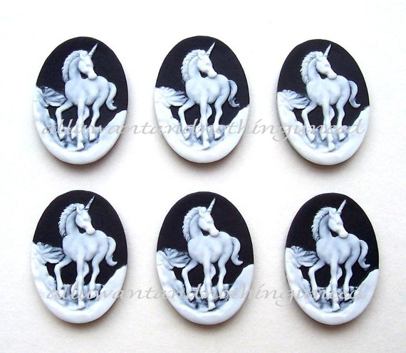 6 White Mythological UNICORN Unicorns on Black Background 25mm x 18mm Resin Cameos Lot Horse Equine for Making Costume Jewelry