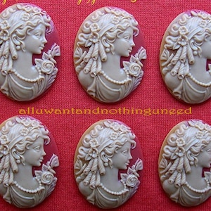 6 Dark IVORY Color on Shell Look Lady Goddess with Long Curls Adorned with Dragonflies and Flowers 25mm x 18mm Cameo Cameos Costume Jewelry
