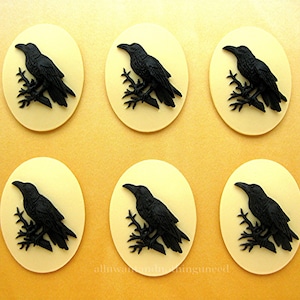 6 Goth Crow Raven Blackbird Black Bird Witch Wiccan Halloween Goth Emo Black on Ivory Color 25mm x 18mm Resin CAMEOS LOT for Costume Jewelry