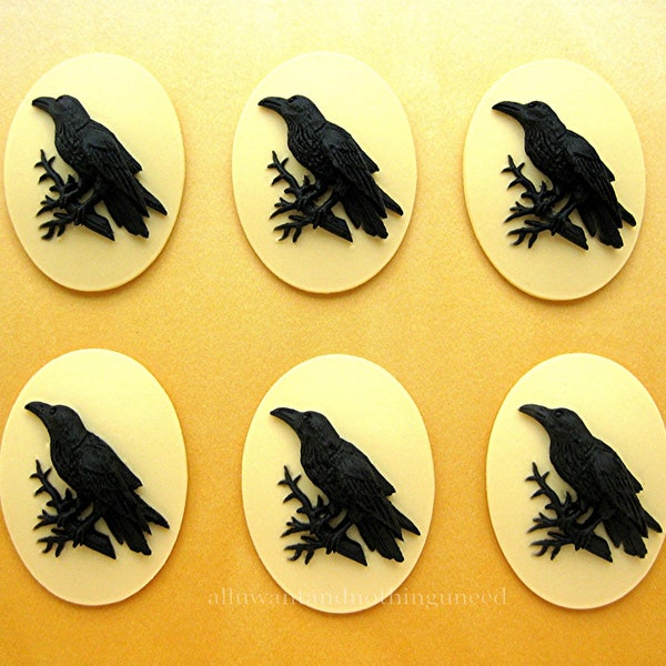 6 Goth Crow Raven Blackbird Black Bird Witch Wiccan Halloween Goth Emo Black on Ivory Color 25mm x 18mm Resin CAMEOS LOT for Costume Jewelry