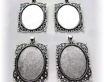 4 ANTIQUED look Silver tone 40mm x 30mm ARTISAN Style Cameo Settings Frames Pendant Pendants Mountings for Making Costume Jewelry or Crafts